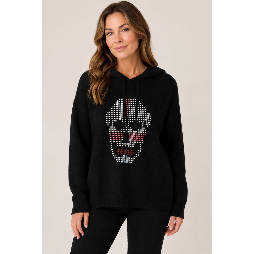 Skull Cashmere Black 100% Cashmere Skull Hoodie Sweater – Size L